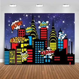 Mocsicka Superhero City Backdrop Kids Boys Birthday Banner Urban Night Glitter Sky Stars Boom City Buildings Background Durable Bang Boom Skyscraper Children Portrait Photo Studio Props (7x5ft)