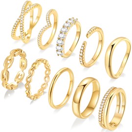 10 PCS Dainty 14K Gold Rings for Women, Open Twist Simulated Diamond Criss Cross Designs, Perfect for Stacking Layering on Thumb and Knuckle in Sizes 5 gold