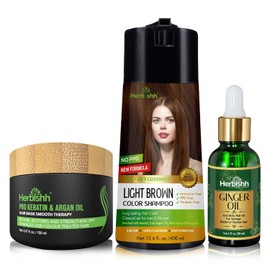 Herbishh Hair Color Shampoo for Gray Hair – PPD-Free Hair Dye Shampoo and Conditioner + Ginger Oil 30mL Hydrating Hair Oil + Pro Keratin Argan Oil Hair Mask for Dry, Damaged Hair 150mL (Light Brown)