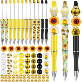 12 Set Plastic Beadable Pens Assorted Bead Pens Wood Beads Crystal Spacer Beads Set Round Beads Black Ink Ballpoint Pen DIY Bead Pen Set for Women Kids Gifts School Office Supplies (Sunflower)