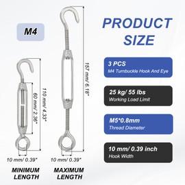 PATIKIL M4 Hook & Eye Turnbuckle, 3 Pcs Stainless Steel 304 Adjustable Wire Rope Tension Cable Railing Tensioner for Tightening up Metal Cable Wire Hardware Kit
