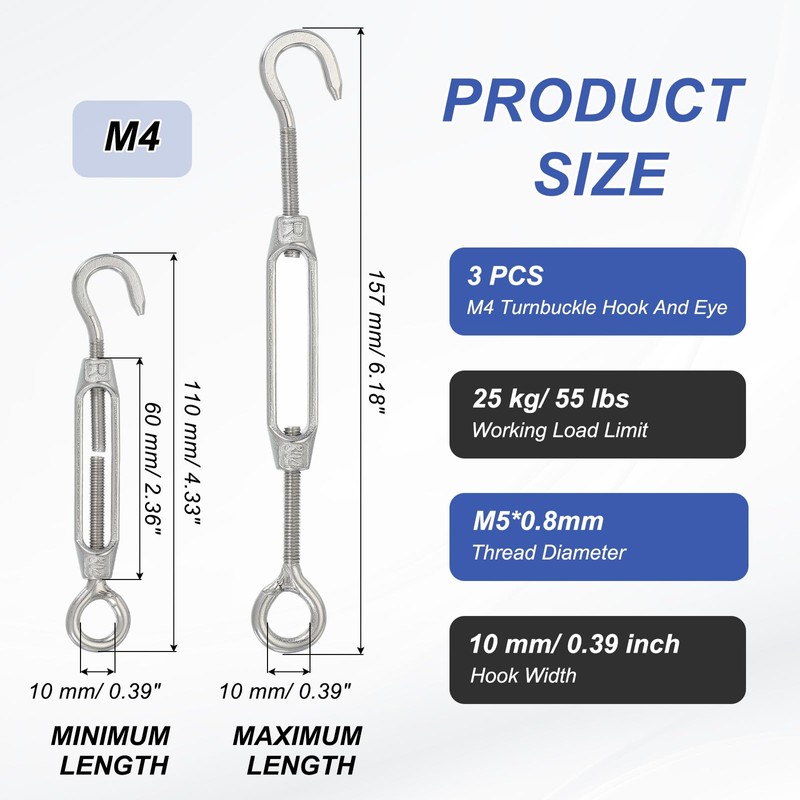 PATIKIL M4 Hook & Eye Turnbuckle, 3 Pcs Stainless Steel