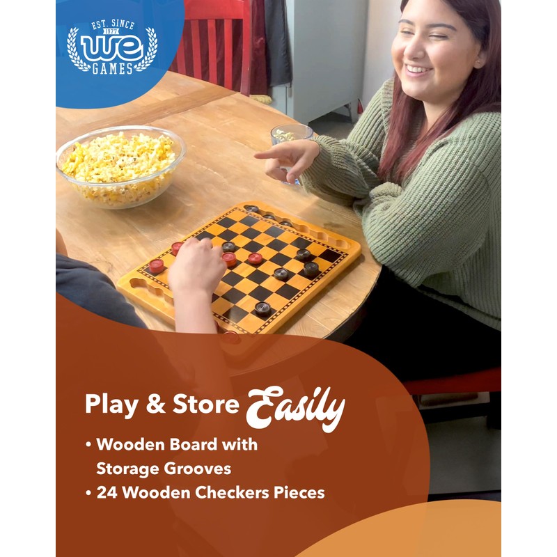 WE Games Solid Wood Checkers Board Game – 14.5-Inch Vintage