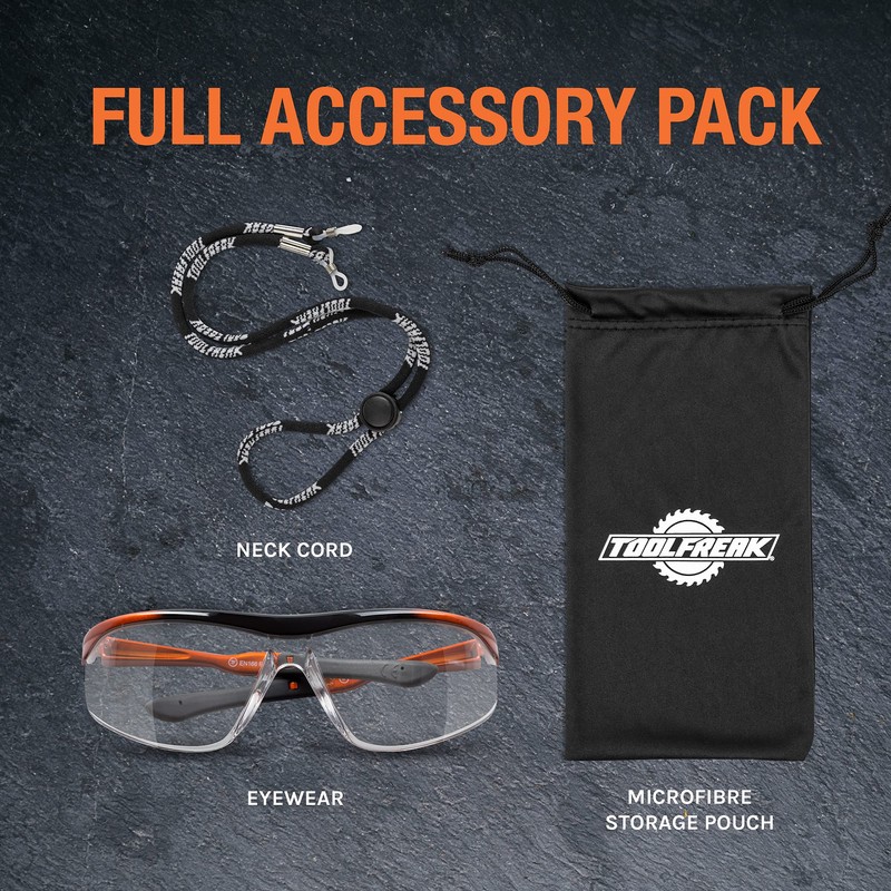 ToolFreak Dev2 Safety Glasses Clear Wraparound Lens Rated for Impact