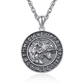KINGWHYTE Viking Necklace 925 Sterling Silver Wolf Head Amulet Ornaments Vegvisir Pendant Necklace Pendant Jewelry for Men Women with Stainless Steel Chain 55cm, Sterling Silver, No Gemstone