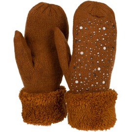styleBREAKER 09010039 Women's Warm Winter Knitted Mittens with Rhinestones and Pearls, Gloves, Thermal Fleece, Knitted Gloves, Cognac