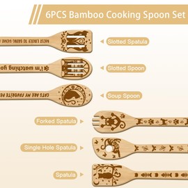 GLOBLELAND 6Pcs Cat Bamboo Cooking Utensils Wooden Engraved Cooking Spoons Set Carving Kitchen Bamboo Spatula Set Wood Cooking Spoon for Kitchen House Warming Gift