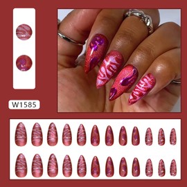 Almond Press on Nails with Purple Red Ripple Designs Fake Nails Medium Almond Shaped Acrylic Nails Gloss False Nails Reusable Glue on Nails for Women Girls 24 Pcs