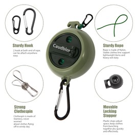 Portable Travel Clothesline Cord, Caudblor Adjustable 33ft Camping Clothes line, Laundry Drying Rope for Hotel Trip, Cruise, Outdoor/Indoor, with 12Pcs Stoppers, Windproof Clothespins