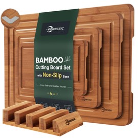 Wood Cutting Board Carbonized Bamboo Set With Smooth Surface Set 4 Packs with Non Slip Feet Holder and Over Sink Solid Thick Durable Wood Charcuterie Cheese Serving Tray Kitchen Gadgets (Carbonized)