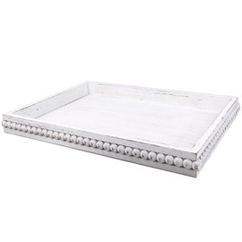 Hrastany Wood Decorative Coffee Table Serving Tray, Farmhouse Rectangular Tray with Wooden bead for Ottoman, Entertaining, Home Decor, 15.7”*11.8”*1.57” (Whitewashed)