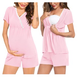 SWOMOG Women Maternity Pajamas Set Nursing Pjs Pregnancy Set Breastfeeding Pajamas 2 PCS Short Sleeve Postpartum Pajamas Maternity Sleepwear Nightwear Pink