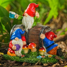 Tolimi Whimsical Garden Drunken Gnome Statue with Solar Light Mushrooms and Wine Barrel - Fun Resin Outdoor Decoration for Yard, Patio, or Home