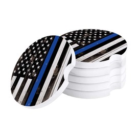 Vibiliyou Set of 2 Car Coasters for Drinks with Thin Blue Line Police and USA Flag Honor Law Enforcement Durable Absorbent Ceramic Car Accessories Easy Removal for