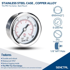 SENCTRL 0-200 psi Pressure Gauge, 2" Dial Size, 1/8 NPT Back Mount, Waterproof, Stainless Steel Case, for Pneumatic Regulator Air Compressor Portable Tank Water Tire Test