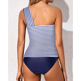 Tempt Me White Blue Stripe Two Piece Tankini Bathing Suits for Women One Shoulder Swim Top with Bottom Swimsuits XS
