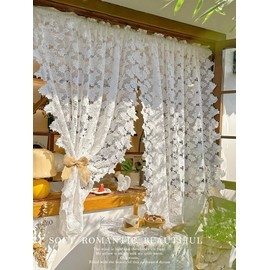 Daliena Lace Short Decorative Curtain Lace Window Curtain Bistro Curtain Flowers Vintage Window Curtains Romantic for Kitchen Cafés Living Room White (W x H 120 x 100 cm) 1 Piece