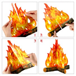 Boao 6 Set Fake Fire Fake Flame Camping Decoration 3D Cardboard Campfire Centerpiece Artificial Flames Campfire Party Decoration for Camp Bachelorette Party Supplies(Gold Orange)