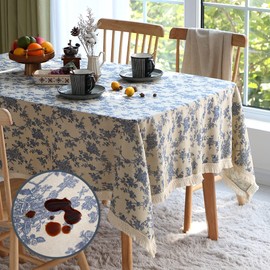 ARTABLE Vintage Tablecloth Rectangle Waterproof Oil Proof Farmhouse Style Table Cover for Kitchen Home Wedding Outdoor Indoor Picnic Decor (Blue Flower, 60 x 84 Inch)
