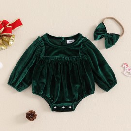 Gaono Newborn Baby Girl Christmas Velvet Romper Long Sleeve Bubble One Piece Bodysuit Jumpsuit Fall Winter Clothes (C-Green, 3-6 Months)
