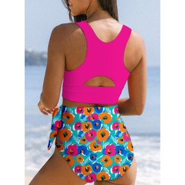 Dokotoo Womens 2 Piece Swimsuit Scoop Neck Sleeveless Racerback Flattering Bathing Suits Tummy Control High Waisted Tie Knot Long Lined Floral Bikini Rose Medium