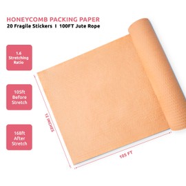 Honeycomb Packing Paper for Moving -12 In x 105 Ft, Shock Proof Brown Wrapping Paper Roll for Shipping With 20 Fragile Stickers & 100Ft Jute Twine -Sustainable & Recyclable Moving Bubble Packing Roll