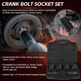 1/2" Drive Crank Bolt Socket Set, 17MM, 19MM, 21MM, 22MM, 24MM 27MM, Harmonic Balancer Socket Set, Deep Counter-Weighted Socket Set, 3 Times Momentum Power of Standard Impact Socket Set