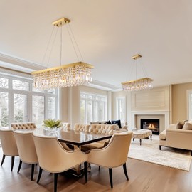 7PMBEANE Modern Gold Crystal Chandelier,Rectangular K9 Crystal Raindrop Pendant Lighting Fixture,6 Light Rectangle Chandeliers for Dining Room Living Room Kitchen Island L31.5'' x W10'' x H10''