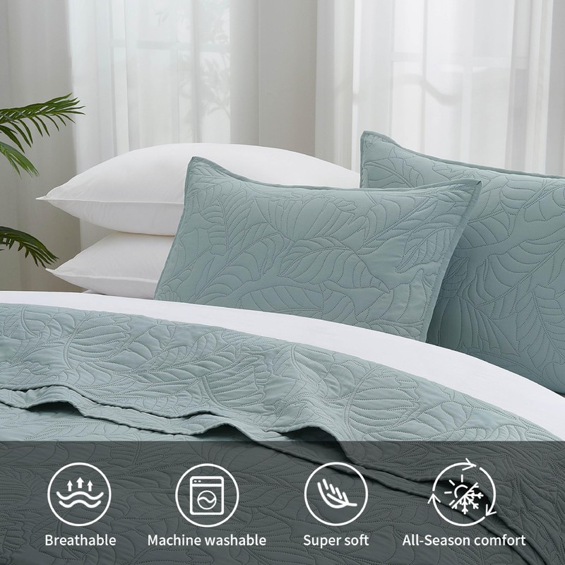 BOURINA Ultrasonic Aqua Queen Quilt Set 3-Piece Bedding Set Coverlet
