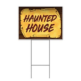 Haunted House Scroll (18" x 24") Yard Sign, Quantity Discounts, Multi-Packs, Includes Metal Step Stake, Bandit, New, Advertising, USA