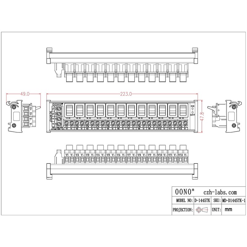 DIN Rail Mount 12 Channel Paddle Switch DC Power Distribution
