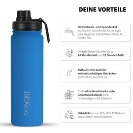 720°Dgree Stainless Steel Drinking Bottle "noLimit" - 950ml, 1200ml - Leak-Proof, Suitable for Carbonated Drinks, BPA Free, Insulated Bottle with Screw Cap for Sports, Fitness, Outdoors + Sports Lid, blue, 950ml