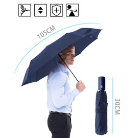HW CASA Folding Umbrella Windproof 105cm Automatic Umbrella 8 Ribs Fiberglass Reinforcement Windproof Sturdy Compact and Portable Travel Umbrella for Men and Women, blue