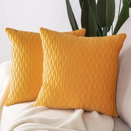 Madizz Pack of 2 Super Soft Velvet Decorative Cushion Covers with Texture Luxury Style Throw Pillow Cases Pillow Shell for Sofa Bedroom Square Yellow 18x18 inch
