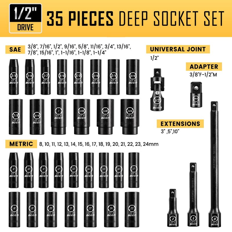 BOEN 35-Piece 1/2" Drive Deep Impact Socket Set - SAE