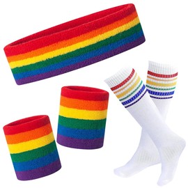 SamHeng Gestreifte Schweißband Handgelenk und Socken Kit, 5 Stück Schweiß Absorbierendes Sport Stirnband Handgelenkbänder Sportliche Socken für Herren Damen Gym Tennis Fußball Basketball Läuft (A)