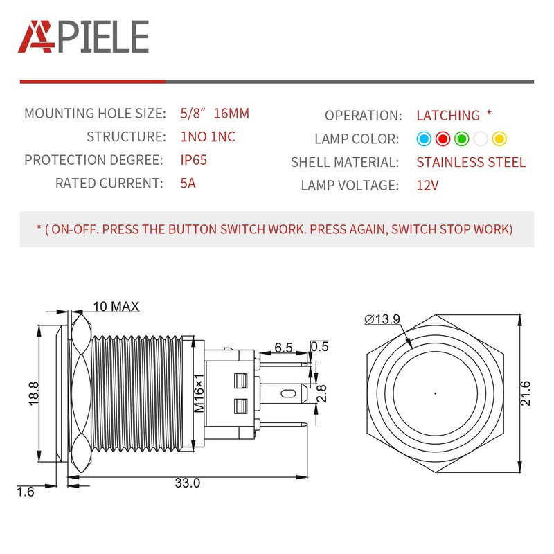 APIELE 16mm Latching Push Button Switch 12VDC On Off Stainless
