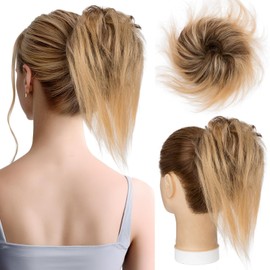 Hairro Messy Bun Hair Piece Human Hair For Women Wrap On Scrunchies Remy Updo Extension Elastic Rubber Band Chignon Hairpieces 29g #4P27 Medium Brown&Dark Blonde