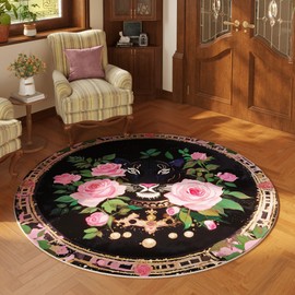 Vowkten Round Rug 4ft Washable Circle Rug Non Slip Low Pile Retro Lavish Leopard Animal Small Circular Rug for Bedroom, Bathroom, Entryway, Kids Room, Office, College Dorm (Black Pink)