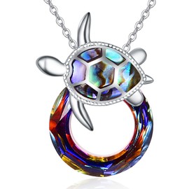 TANGPOET Turtle Gifts Turtle Necklace with Crystal Abalone Shell Turtle Pendant Ocean Theme Pendant Jewellery for Women Girls Birthday Gifts, Sterling Silver, Ocean