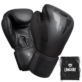 Punching Gloves Boxing Gloves LangRay boxing Gloves 3D Construction Thick Cushion Kickboxing Sparring Karate Muay Thai Martial Arts Quality PU Leather Gym (10oz, Black)
