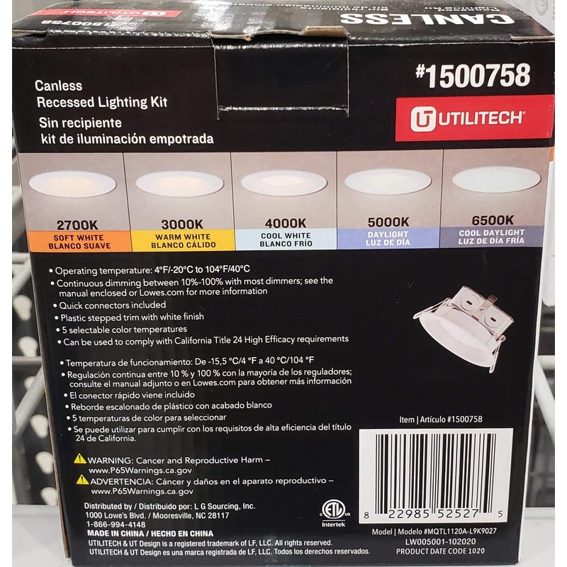 Utilitech Color Changing 4-in 55-Watt Equivalent White Round Dimmable Recessed
