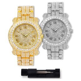 Techno Pave Men's Iced Diamond 45mm Metal Band Watch - Gold & Silver 2-Pack Set