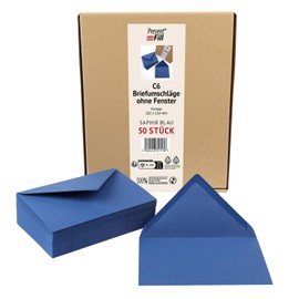 PresentFill® 50 x Envelopes Sapphire Blue C6 - 162 x 114 mm without Window I 100% Recycled Kraft Paper I 120 g/m² Thick I Blue Angel Certified I Made in Germany