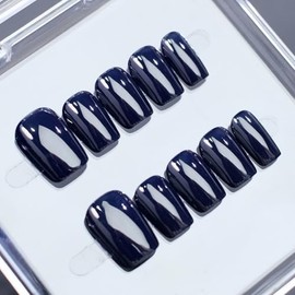 Solid Color Press on Nails Short Square Handmade Fake Nails Salon Quality False Nails Designs Glossy Dark Blue Acrylic Nails Full Cover Thick Acrylic and Muti-Layer Gel Stick on Nails for Women (M)