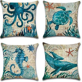 7COLORROOM Sea Theme Decorative Square Cotton Linen Coastal Pillow Cover Ocean Animal Cushion Cover 18 X 18 Inch Pillow Inserts, 4Pack Nautical Pillow Covers (Sea Turtle)