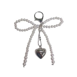 Silver Heart Pearl Bow Keychain Y2k Bowknot Keyring Sweet Bag Car Keys Charms Accessories for Women Girls-Heart