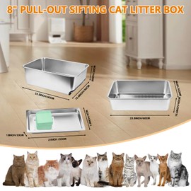 23.5" x 15.7" x 8" Stainless Steel Sifting Litter Box for Pine Pellets, XXL Large Pull-Out Cat Litter Box for Big Cats with High Sides, Metal Cat Litter Pan with Plastic Scoop &10 Urine Pads