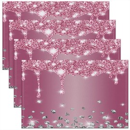 45x30cm Glitter Diamond Table Place Mats, Pink Silver Shiny Placemats Set of 4 Luxury Texture Colorful Bling Modern Placemat for Kitchen Dining Table Indoor Outdoor