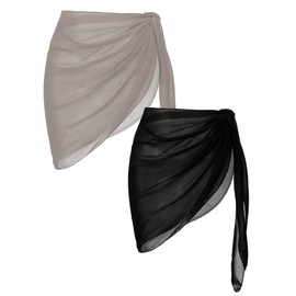 Ekouaer 2 Pieces Women Beach Sarongs Sheer Cover Ups Chiffon Bikini Wrap Skirt for Swimwear,Black/Khaki,Medium